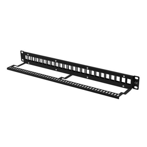 Lanberg PPKS-1024-B 19" 1U üres fekete patch panel 24 db Keystone jack fogadására, kábeltartóval