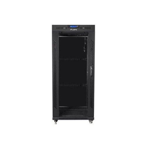Lanberg FF01-6627-12BL 19" 27U SZÉL:600mm MÉLY:600mm MAG:1431mm lapraszerelt LCD üvegajtós fekete rack szekrény