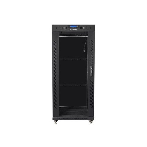 Lanberg FF01-8027-12BL 19" 27U SZÉL:800mm MÉLY:1000mm MAG:1431mm lapraszerelt LCD üvegajtós fekete rack szekrény