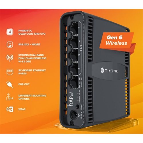 MikroTik hAP ax2 C52IG-5HAXD2HAXD-TC 5xGbE LAN port 802.11ax Wi-Fi 6 Dual Band Vezeték nélküli router
