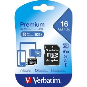   Verbatim 44082 SDHC 16GB U1 Class 10 micro memóriakártya + adapter