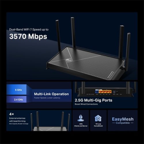 TP-Link Archer BE230 BE3600 fekete kétsávos Wi-Fi 7 router