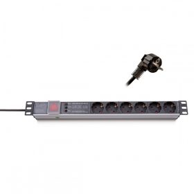   KELINE 620P06 19"" 1U 6x250V Schuko aljzat túlfeszültségvédelemmel 2,3m elosztósor