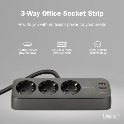 DIGITUS DA-70625 3 aljzatos 2x USB-A 1x USB-C fekete 1,5m asztali elosztó