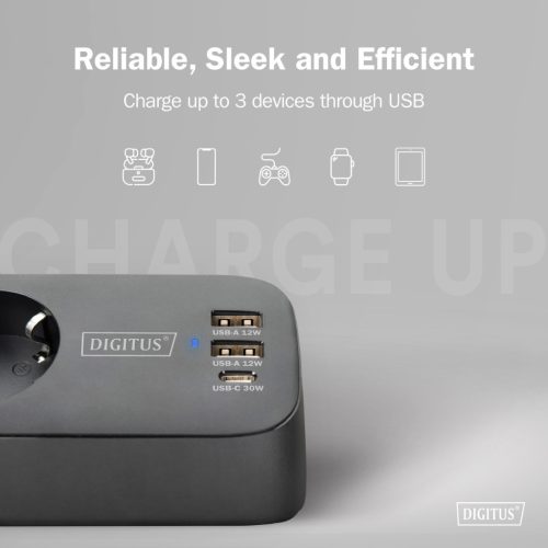 DIGITUS DA-70625 3 aljzatos 2x USB-A 1x USB-C fekete 1,5m asztali elosztó