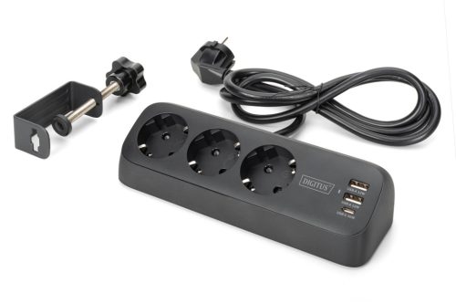 DIGITUS DA-70625 3 aljzatos 2x USB-A 1x USB-C fekete 1,5m asztali elosztó