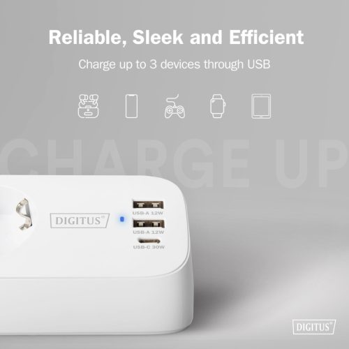 DIGITUS DA-70626 3 aljzatos 2x USB-A 1x USB-C fehér 1,5m asztali elosztó