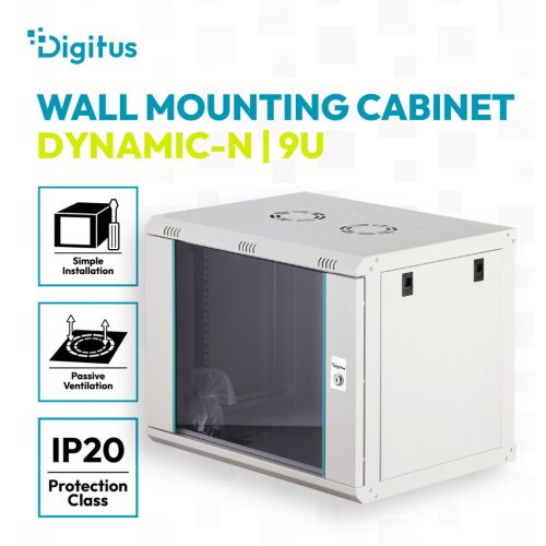 DIGITUS Dynamic-N DN-37104 19" 9U 474x600x450mm lapraszerelt üvegajtós szürke fali rack szekrény