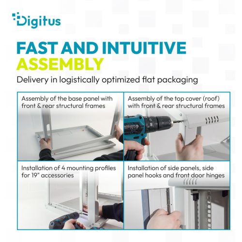 DIGITUS Dynamic-N DN-37104 19" 9U 474x600x450mm lapraszerelt üvegajtós szürke fali rack szekrény
