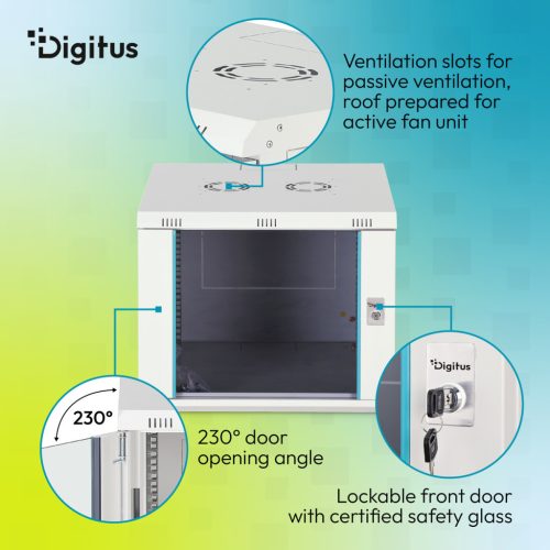 DIGITUS Dynamic-N DN-37106 19" 9U 474x600x600mm lapraszerelt üvegajtós szürke fali rack szekrény