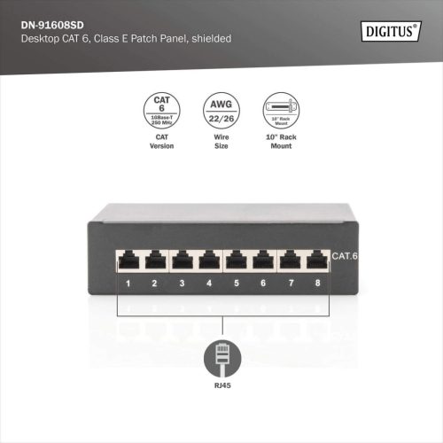 DIGITUS DN-91608SD Cat.6 8port asztali fekete árnyékolt patch panel