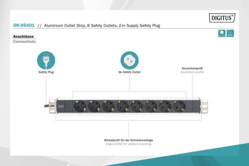 DIGITUS DN-95401 19" 1U PDU 8xCEE 7/3 schuko aljzat CEE7/7 csatlakozó 2m elosztósor