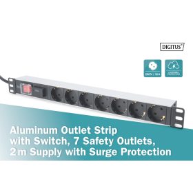   DIGITUS DN-95407 19" 1U PDU 7xCEE 7/3 schuko aljzat CEE7/7 csatlakozó 2m túlfeszültségvédett elosztósor