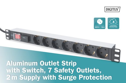 DIGITUS DN-95407 19" 1U PDU 7xCEE 7/3 schuko aljzat CEE7/7 csatlakozó 2m túlfeszültségvédett elosztósor