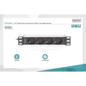   DIGITUS DN-95418 10" 1U PDU 230V 16A 4x Schuko aljzat CEE7/7 csatlakozó hálózati 2m elosztósor