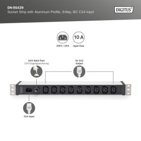   DIGITUS DN-95429 19" 1U PDU 230V 10A 9xIEC C13 aljzat IEC C14 csatlakozó 2m elosztósor