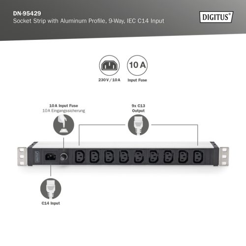 DIGITUS DN-95429 19" 1U PDU 230V 10A 9xIEC C13 aljzat IEC C14 csatlakozó 2m elosztósor
