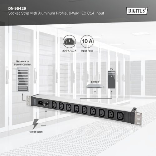 DIGITUS DN-95429 19" 1U PDU 230V 10A 9xIEC C13 aljzat IEC C14 csatlakozó 2m elosztósor