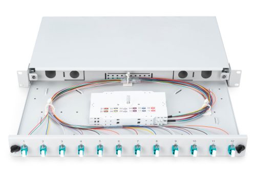 DIGITUS DN-96331/3 19" 1U 12xLC duplex OM3 toldóval pigtaillel és kötőkazettával szerelt optikai patch panel