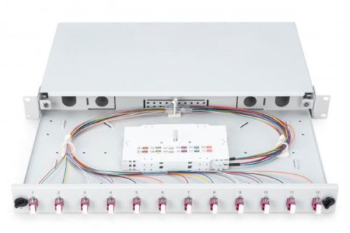 DIGITUS DN-96331-4 19" 1U 12xLC duplex OM4 toldóval pigtaillel és kötőkazettával szerelt optikai patch panel
