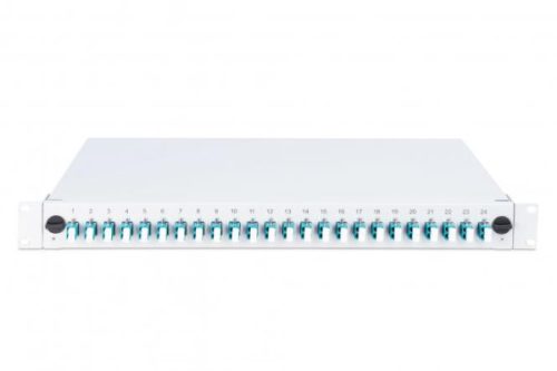 DIGITUS DN-96332/3 19" 1U 24xLC duplex OM3 toldóval pigtaillel és kötőkazettával szerelt optikai patch panel
