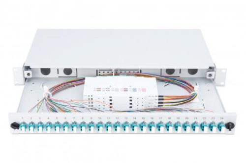 DIGITUS DN-96332/3 19" 1U 24xLC duplex OM3 toldóval pigtaillel és kötőkazettával szerelt optikai patch panel