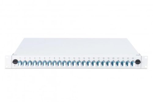 DIGITUS DN-96332-4 19" 1U 24xLC duplex OM4 toldóval pigtaillel és kötőkazettával szerelt optikai patch panel