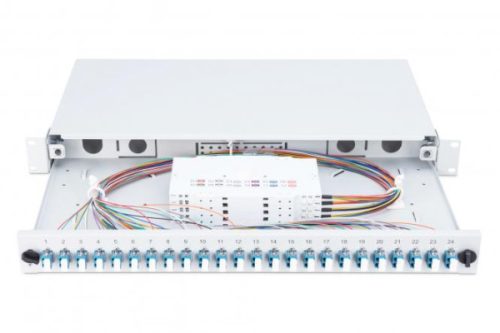 DIGITUS DN-96332/9 19" 1U 24xLC duplex OS2 toldóval pigtaillel és kötőkazettával szerelt optikai patch panel