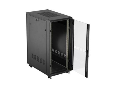 Lanberg FF01-6027-12B 19" 27U SZÉL:600mm MÉLY:1000mm MAG:1373mm lapraszerelt üvegajtós fekete szerver szekrény