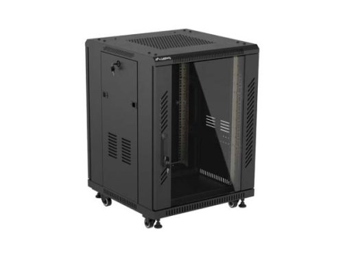 Lanberg FF01-6615-12B 19" 15U SZÉL:600mm MÉLY:600mm MAG:848mm lapraszerelt üvegajtós fekete álló rack szekrény