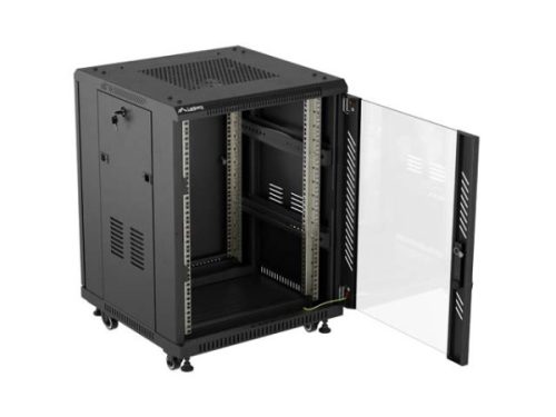 Lanberg FF01-6615-12B 19" 15U SZÉL:600mm MÉLY:600mm MAG:848mm lapraszerelt üvegajtós fekete álló rack szekrény