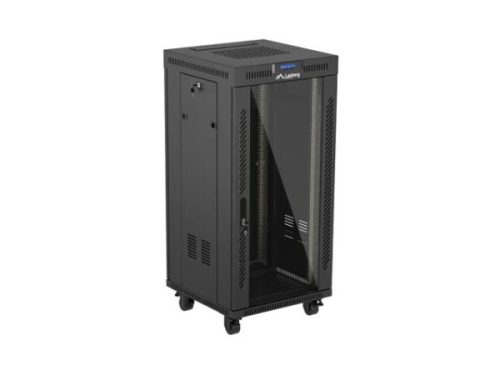 Lanberg FF01-6624-12BL 19" 24U SZÉL:600mm MÉLY:600mm MAG:1320mm lapraszerelt LCD üvegajtós fekete álló rack szekrény