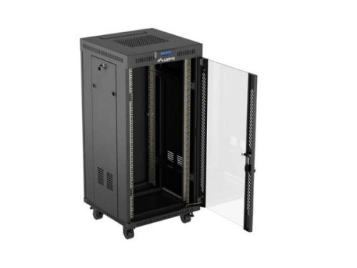 Lanberg FF01-6624-12BL 19" 24U SZÉL:600mm MÉLY:600mm MAG:1320mm lapraszerelt LCD üvegajtós fekete álló rack szekrény