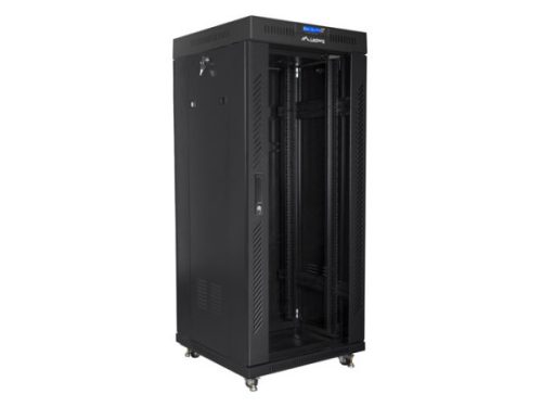Lanberg FF01-6627-12BL 19" 27U SZÉL:600mm MÉLY:600mm MAG:1431mm lapraszerelt LCD üvegajtós fekete álló rack szekrény