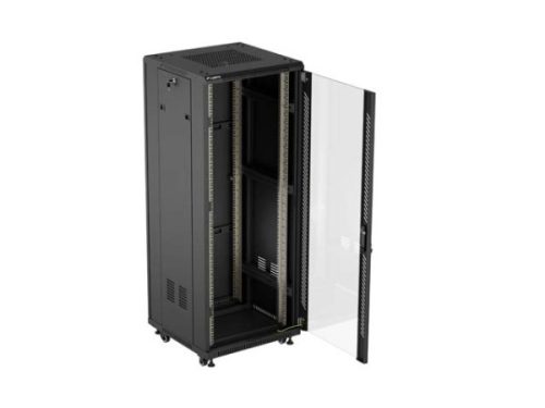 Lanberg FF01-6632-12B 19" 32U SZÉL:600mm MÉLY:600mm MAG:1603mm lapraszerelt üvegajtós fekete álló rack szekrény