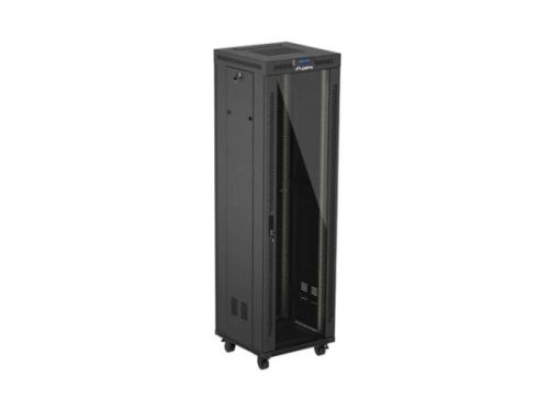 Lanberg FF01-6642-12BL 19" 42U SZÉL:600mm MÉLY:600mm MAG:2097mm lapraszerelt LCD üvegajtós fekete álló rack szekrény