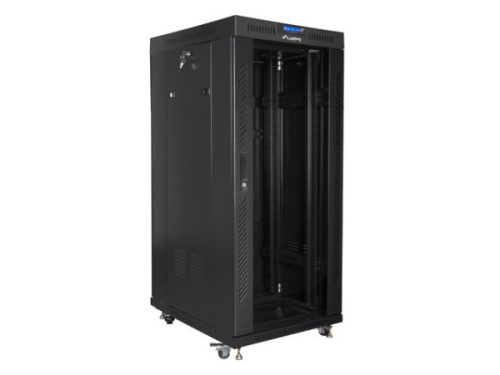 Lanberg FF01-6827-12BL 19" 27U SZÉL:600mm MÉLY:800mm MAG:1431mm lapraszerelt LCD üvegajtós fekete álló rack szekrény