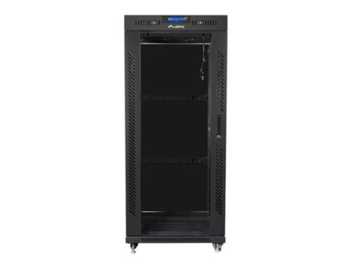 Lanberg FF01-6827-12BL 19" 27U SZÉL:600mm MÉLY:800mm MAG:1431mm lapraszerelt LCD üvegajtós fekete álló rack szekrény