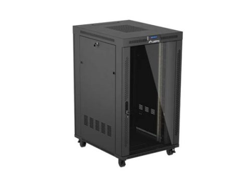 Lanberg FF01-8027-12BL 19" 27U SZÉL:800mm MÉLY:1000mm MAG:1461mm lapraszerelt LCD üvegajtós fekete szerver szekrény