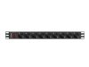 Lanberg PDU-09F-0300-BK 19" 1U 9xSchuko aljzat Uni-Schuko csatlakozóvéggel 3m fekete elosztósor kapcsolóval