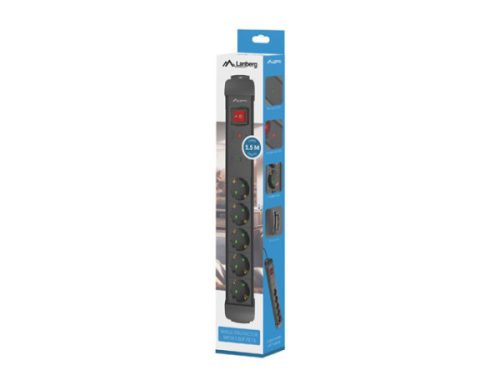 Lanberg SP1-05F-0150-BK 5x Schuko aljzat túlfeszültség ellen védett 1.5m kapcsolós fekete elosztósor