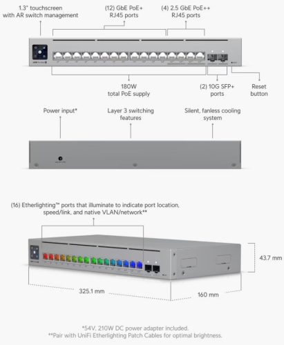 Ubiquiti USW-Pro-Max-16-PoE 12port GbE LAN PoE 4x2.5GbE Multi-Gigabit LAN PoE 2xSFP+ port 180W L3 menedzselhető switch