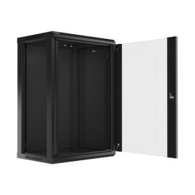   Lanberg WF01-6418-10B 19" 18U SZÉL:600mm MÉLY:450mm MAG:907mm lapraszerelt üvegajtós fekete fali rack szekrény