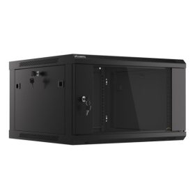   Lanberg WF01-6606-10B 19" 6U SZÉL:600mm MÉLY:600mm MAG:379mm lapraszerelt üvegajtós fekete fali rack szekrény