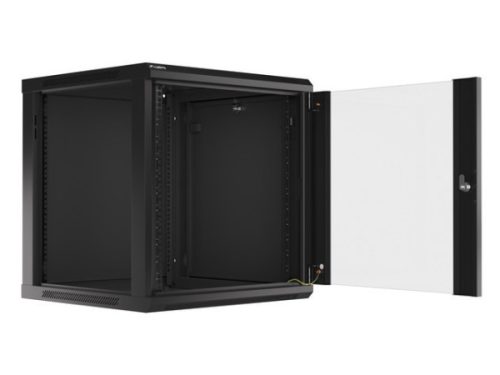 Lanberg WF01-6612-10B 19" 12U SZÉL:600mm MÉLY:600mm MAG:640mm lapraszerelt üvegajtós fekete fali rack szekrény