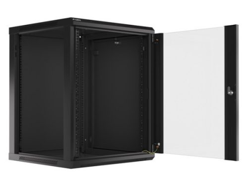 Lanberg WF01-6615-10B 19" 15U SZÉL:600mm MÉLY:600mm MAG:774mm lapraszerelt üvegajtós fekete fali rack szekrény