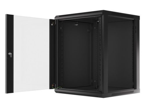 Lanberg WF01-6615-10B 19" 15U SZÉL:600mm MÉLY:600mm MAG:774mm lapraszerelt üvegajtós fekete fali rack szekrény