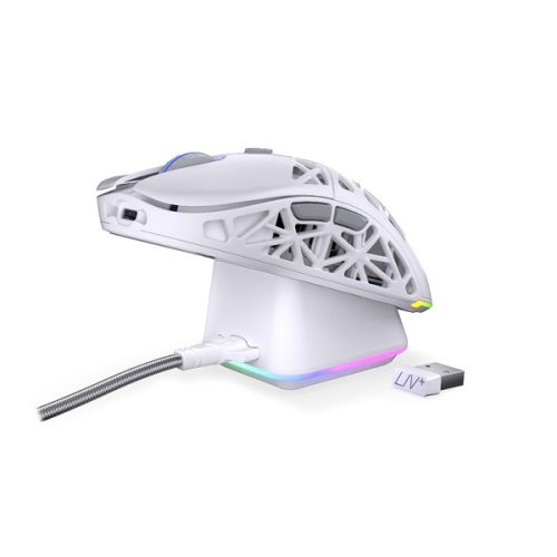 Endorfy Wireless Egér - LIV Plus Onyx White (Honeycomb, 26 000 DPI, ARGB, PixArt PAW3395, optikai, fehér) + dokkoló