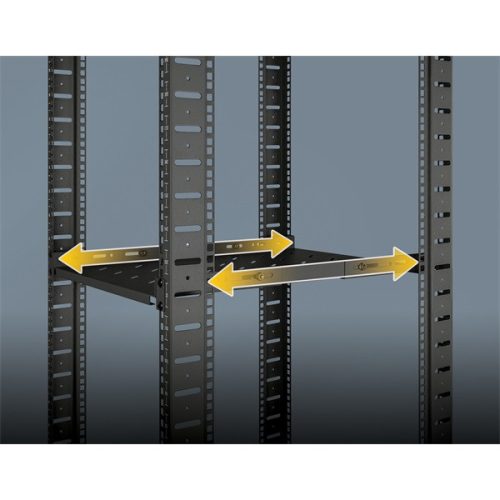 Manhattan Rackszekrény polc - 714082 (19", 1U, fix rögzítés, változtatható sínekkel: 350 - 550 mm mély, 20kg, fekete)