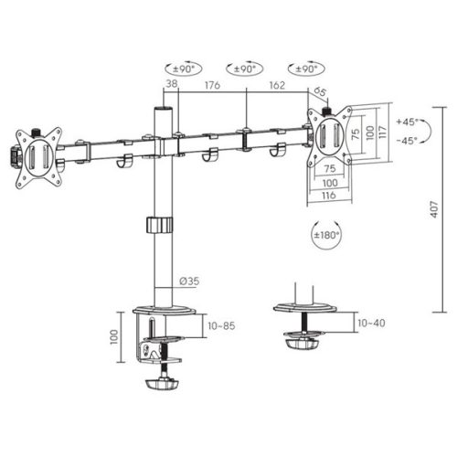Equip Monitor Asztali konzol - 650167 (17"-32", 2 monitor, dönthető, forgatható, állítható magasság, Max.:2x9kg, fehér)
